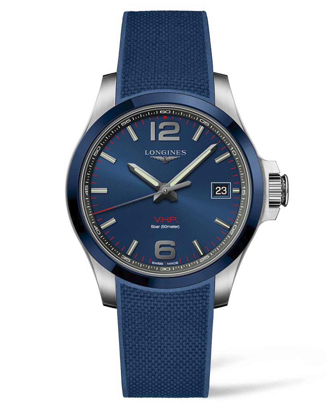 Longines Longines Conquest V.H.P. L3.719.4.96.9  L37194969 кварцевые мужские часы синий циферблат, браслет каучук — вид спереди